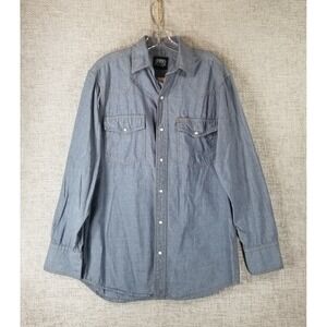 Key Industries Western Pearl Snap Shirt Work Blue Long Sleeve Men's Small
